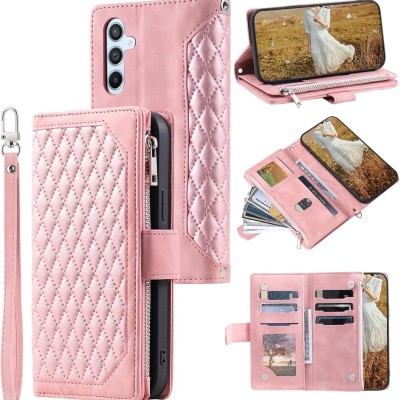 For Samsung Galaxy A37 Luxury Wallet Card ID Zipper Money Holder Case Cover - Rose Gold