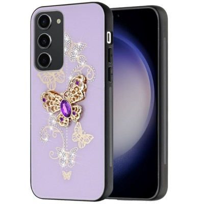 For Samsung Galaxy A37 Splendid Glitter with Diamonds All Around Edges Ring Stand Case Cover - Purple