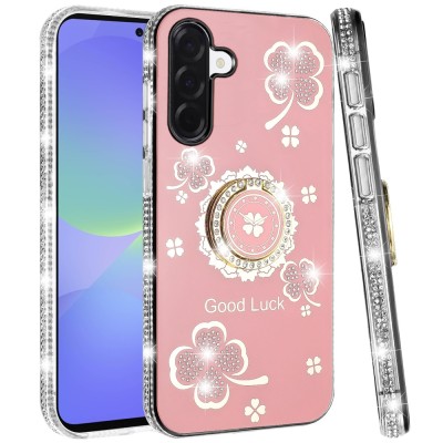 For Samsung Galaxy A37 Transparent Glitter Rotaional Magnetic Ring Stand HQ Hybrid - Light Pink