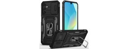 For Samsung Galaxy A37 Utter Tough Metal Ring Movable Camera Window Hybrid Case Cover - Black
