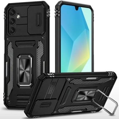For Samsung Galaxy A37 Utter Tough Metal Ring Movable Camera Window Hybrid Case Cover - Black