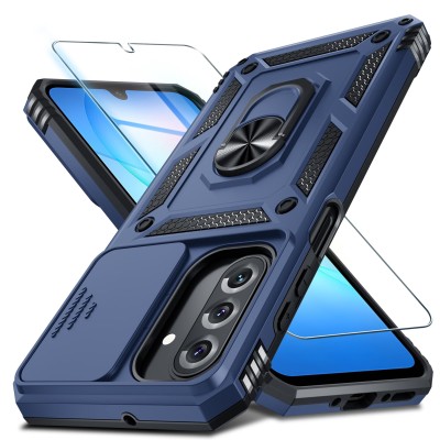 For Samsung Galaxy A37 Utter Tough Metal Ring Movable Camera Window Hybrid Case Cover - Navy blue