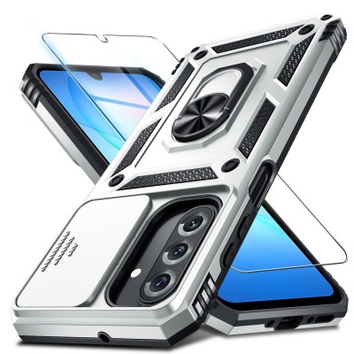 For Samsung Galaxy A37 Utter Tough Metal Ring Movable Camera Window Hybrid Case Cover - Silver