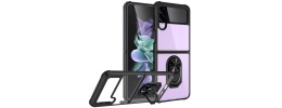 For Samsung Galaxy Z Flip 4 Clear Transparent Ring Stand Magnetic Hybrid - Clear/Black
