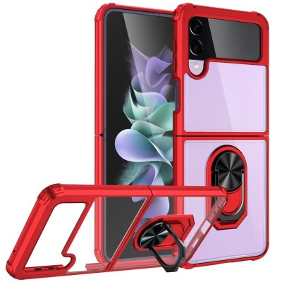 For Samsung Galaxy Z Flip 4 Clear Transparent Ring Stand Magnetic Hybrid - Clear/Red