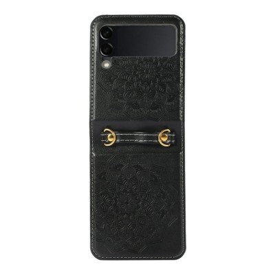 For Samsung Galaxy Z Flip 4 Embossed Floral Design Case Cover with Strap - Black