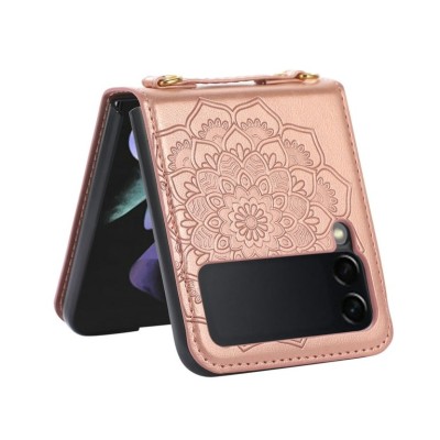 For Samsung Galaxy Z Flip 4 Embossed Floral Design Case Cover with Strap - Rose Gold