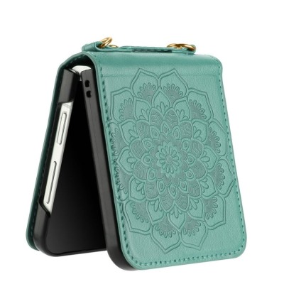 For Samsung Galaxy Z Flip 4 Embossed Floral Design Case Cover with Strap - Teal