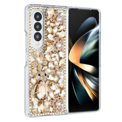 For Samsung Galaxy Z Flip 4 Full Diamond with Ornaments Hard TPU Case Cover - Gold Panda Floral