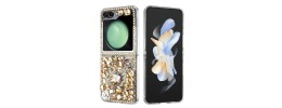 For Samsung Galaxy Z Flip 4 Full Diamond with Ornaments Hard TPU Case Cover - Gold Swan Crown Pearl