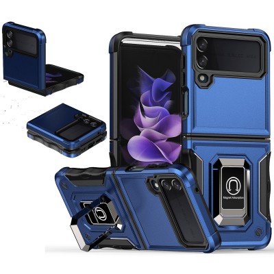 For Samsung Galaxy Z Flip 4 Perfect Tough Thick Hybrid With Metal Ring Stand Cover Case - Blue
