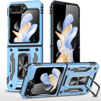 For Samsung Galaxy Z Flip 4 Premium 3.0mm Thick Magnetic Ring Kickstand Multiview Cover - Blue