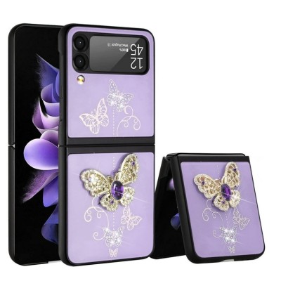 For Samsung Galaxy Z Flip 4 SPLENDID Diamond Glitter Ornaments Engraving Case Cover - Garden Butterflies Gold