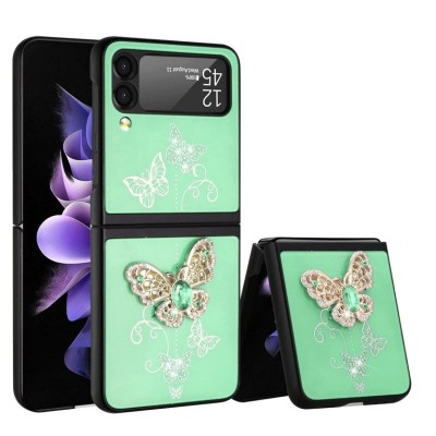 For Samsung Galaxy Z Flip 4 SPLENDID Diamond Glitter Ornaments Engraving Case Cover - Garden Butterflies Teal