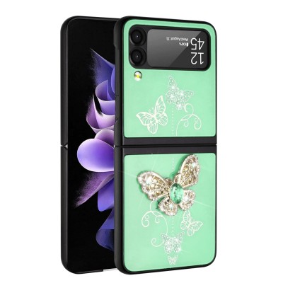 For Samsung Galaxy Z Flip 4 SPLENDID Diamond Glitter Ornaments Engraving Case Cover - Garden Butterflies White