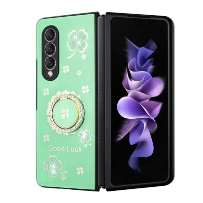 For Samsung Galaxy Z Flip 4 SPLENDID Diamond Glitter Ornaments Engraving Case Cover - Good Luck Floral Teal