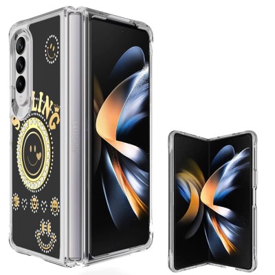 For Samsung Galaxy Z Flip 4 Smiling Glitter Ornament Bling With Ring Stand Hybrid Case Cover - Black
