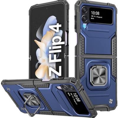 For Samsung Galaxy Z Flip 4 Tough Strong Dual Layer Flat Magnetic Ring Stand Case Cover - Blue