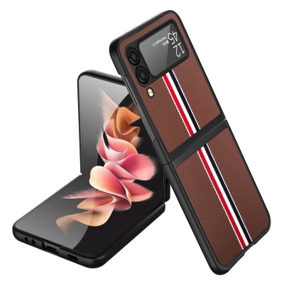 For Samsung Galaxy Z Flip 4 Velvet Fabric Flip Phone Premium PU Vegan Leather Cover Case - Brown
