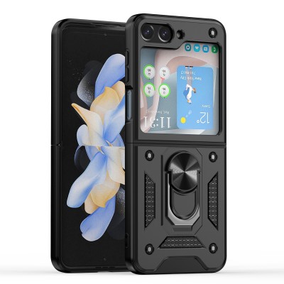 For Samsung Galaxy Z Flip 5 ELITE Camera Push Magnetic Ring Stand Hybrid Case Cover - Black