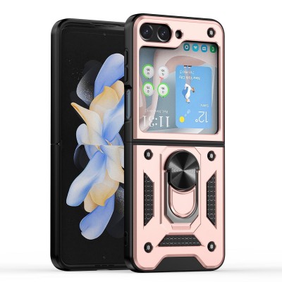 For Samsung Galaxy Z Flip 5 ELITE Camera Push Magnetic Ring Stand Hybrid Case Cover - Rose Gold