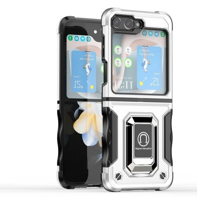 For Samsung Galaxy Z Flip 5 ELITE Camera Push Magnetic Ring Stand Hybrid Case Cover - Silver