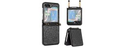 For Samsung Galaxy Z Flip 5 Embossed Floral Design Case Cover with Strap - Black