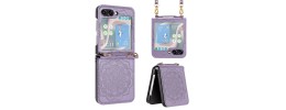 For Samsung Galaxy Z Flip 5 Embossed Floral Design Case Cover with Strap - Purple