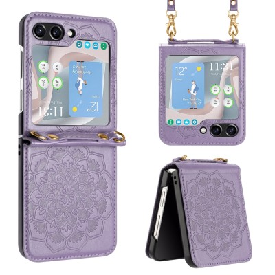 For Samsung Galaxy Z Flip 5 Embossed Floral Design Case Cover with Strap - Purple