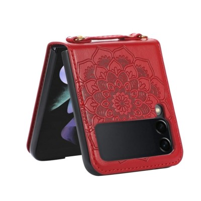 For Samsung Galaxy Z Flip 5 Embossed Floral Design Case Cover with Strap - Red