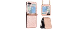 For Samsung Galaxy Z Flip 5 Embossed Floral Design Case Cover with Strap - Rose Gold