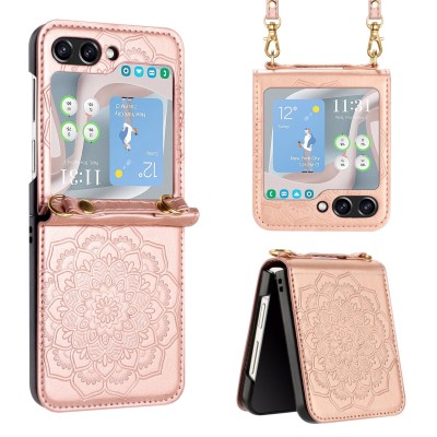 For Samsung Galaxy Z Flip 5 Embossed Floral Design Case Cover with Strap - Rose Gold