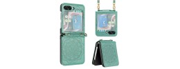 For Samsung Galaxy Z Flip 5 Embossed Floral Design Case Cover with Strap - Teal