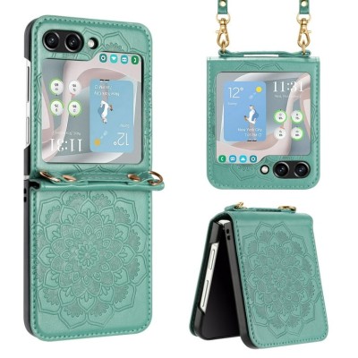 For Samsung Galaxy Z Flip 5 Embossed Floral Design Case Cover with Strap - Teal