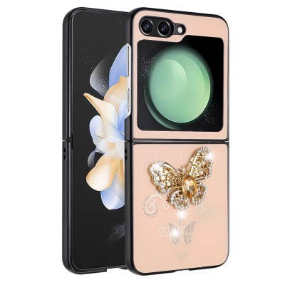 For Samsung Galaxy Z Flip 5 Full Diamond with Ornaments Hard TPU Case Cover - Gold Panda Floral