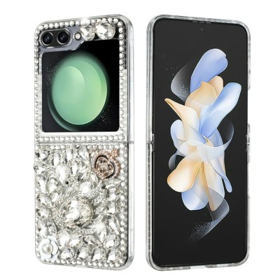 For Samsung Galaxy Z Flip 5 Full Diamond with Ornaments Hard TPU Case Cover - Gold Swan Crown Pearl