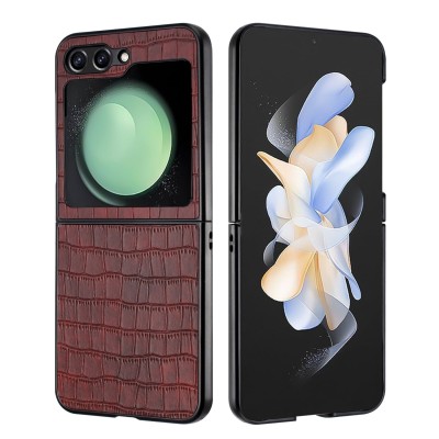 For Samsung Galaxy Z Flip 5 PU Vegan Leather Premium Hard Snap On Case Cover - Brown