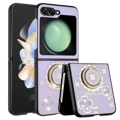 For Samsung Galaxy Z Flip 5 SPLENDID Diamond Glitter Ornaments Engraving Case Cover - Good Luck Floral Purple