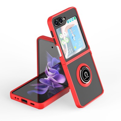 For Samsung Galaxy Z Flip 5 Unique Flip Magnetic Ring Stand Transparent Hybrid Case Cover - Clear+Red