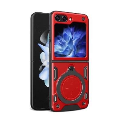 For Samsung Galaxy Z Flip 5 Utter Tough Metal Ring Movable Camera Window Hybrid Case Cover - Red
