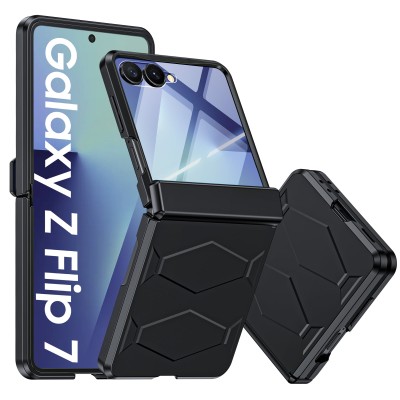 For Samsung Galaxy Z Flip 7 Unique Flip Magnetic Ring Stand Transparent Hybrid Case Cover - Clear+Black