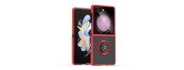 For Samsung Galaxy Z Flip 7 Unique Flip Magnetic Ring Stand Transparent Hybrid Case Cover - Clear+Red