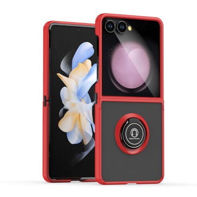 For Samsung Galaxy Z Flip 7 Unique Flip Magnetic Ring Stand Transparent Hybrid Case Cover - Clear+Red
