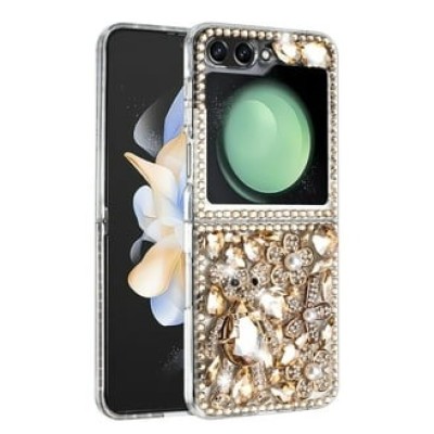 For Samsung Galaxy Z Flip3 3D Full Diamond Bling Case Cover - Gold Panda Floral
