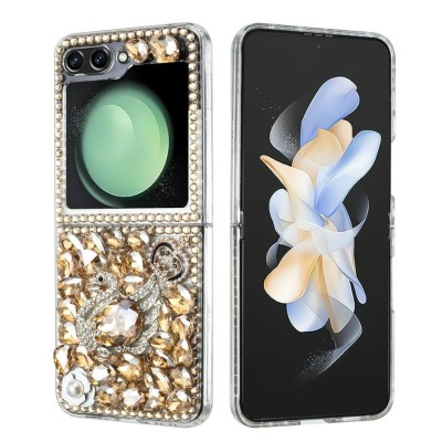 For Samsung Galaxy Z Flip3 3D Full Diamond Bling Case Cover - Gold Swan Crown Pearl