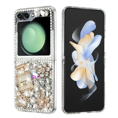 For Samsung Galaxy Z Flip3 3D Full Diamond Bling Case Cover - Silver Panda Floral
