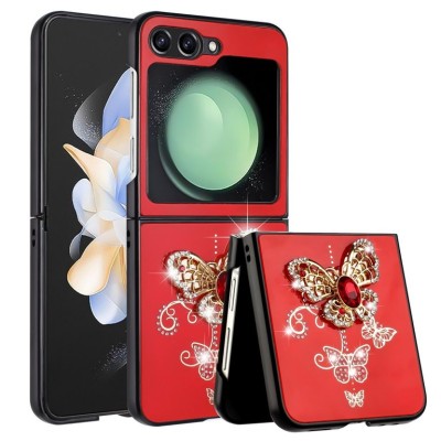 For Samsung Galaxy Z Flip3 5G SPLENDID Diamond Glitter Ornaments Engraving Case Cover - Garden Butterflies Red