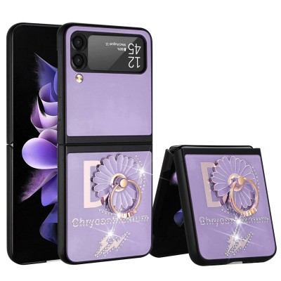 For Samsung Galaxy Z Flip3 5G SPLENDID Diamond Glitter Ornaments Engraving Case Cover - Good Luck Floral Purple