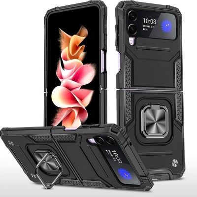 For Samsung Galaxy Z Flip3 5G Unique Flip Magnetic Ring Stand Transparent Hybrid Case Cover - Clear+Black