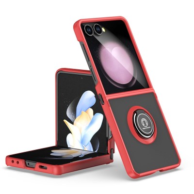 For Samsung Galaxy Z Flip3 5G Unique Flip Magnetic Ring Stand Transparent Hybrid Case Cover - Clear+Red